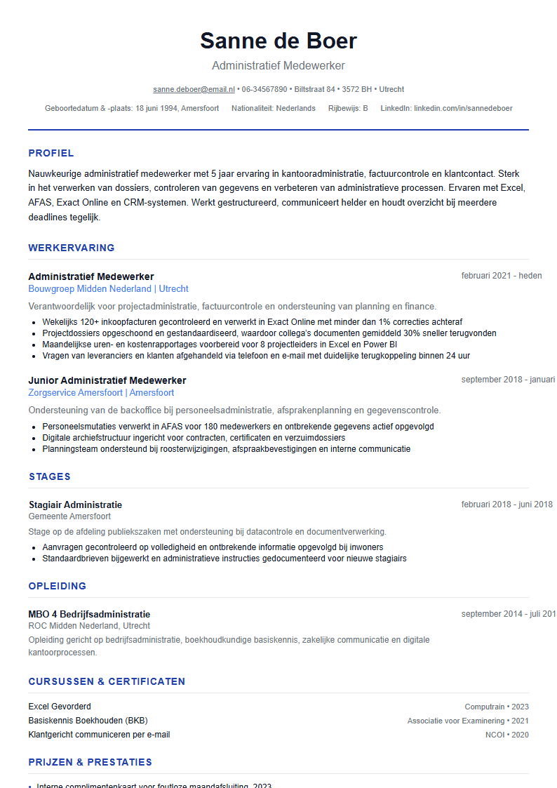 CV voorbeeld administratief medewerker — ATS-vriendelijk WerkCV template