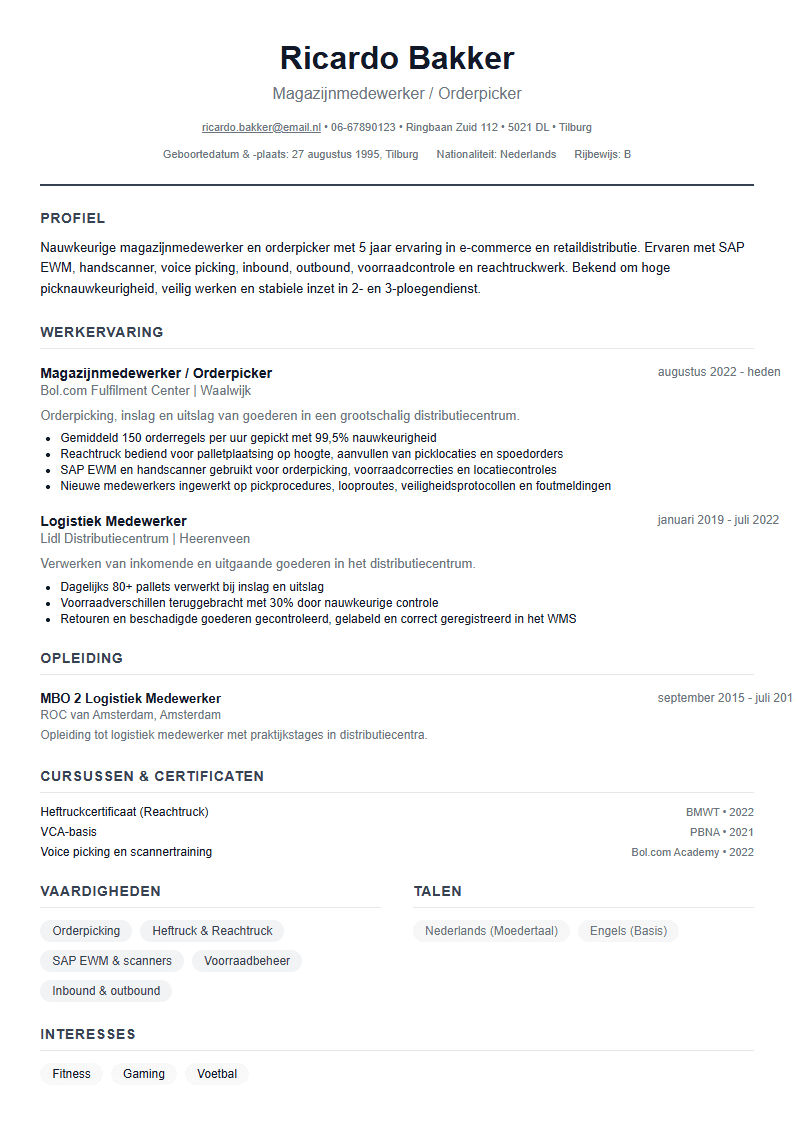CV voorbeeld magazijnmedewerker — scanbaar WerkCV template
