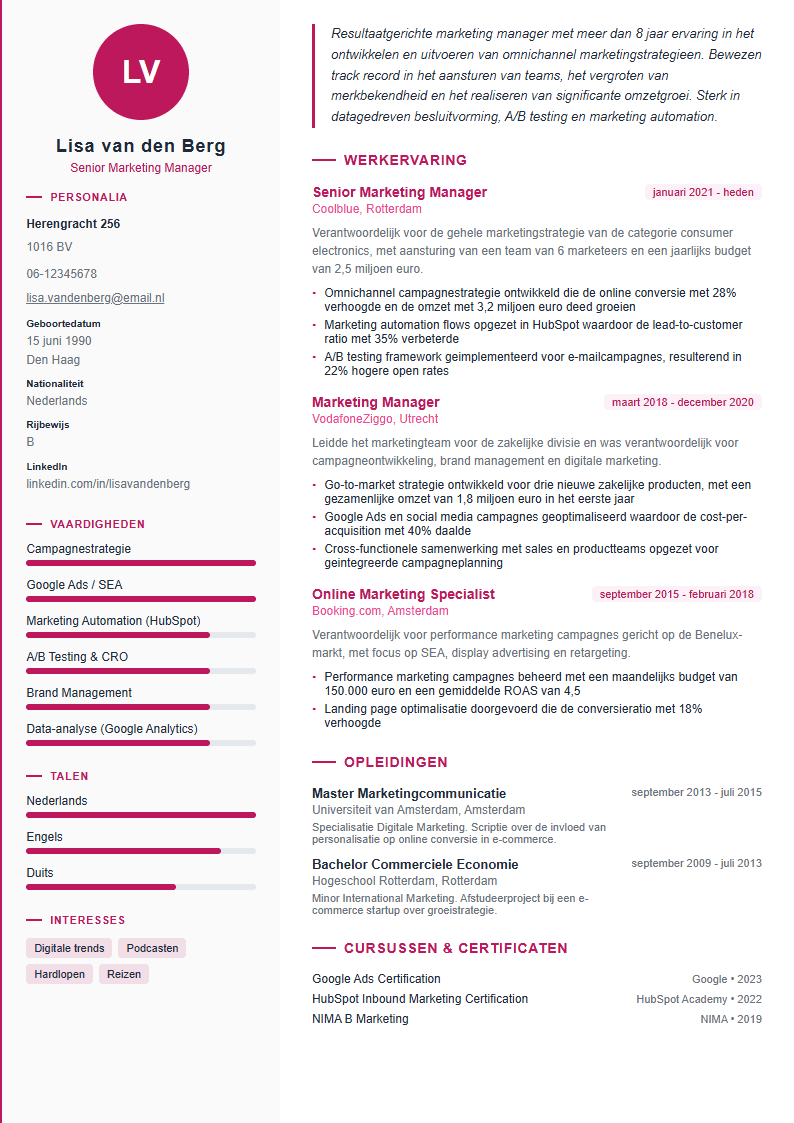 CV voorbeeld marketing manager — modern WerkCV template