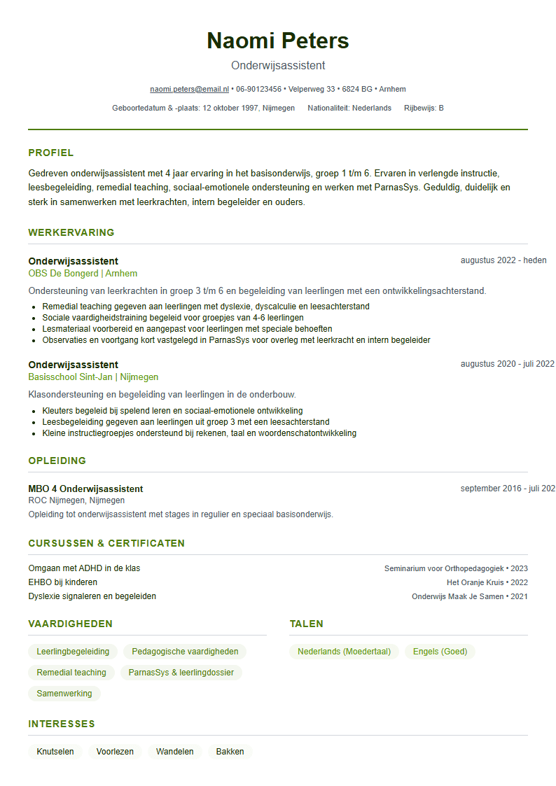 CV voorbeeld onderwijsassistent — rustig WerkCV template