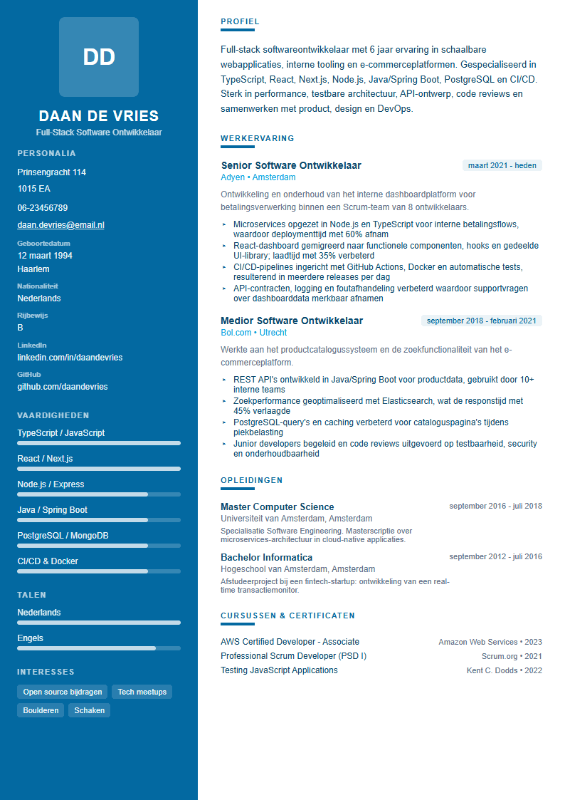 CV voorbeeld softwareontwikkelaar — professioneel WerkCV template