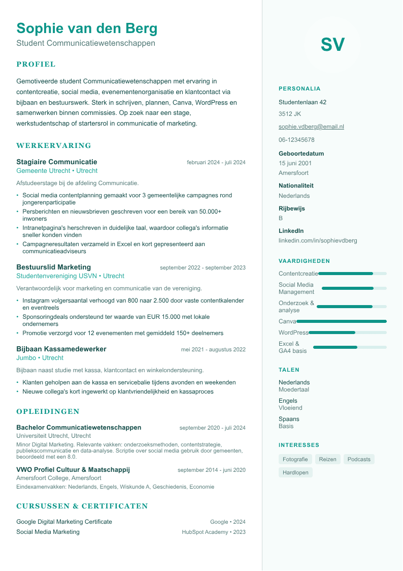 CV voorbeeld student — ATS-vriendelijk WerkCV template
