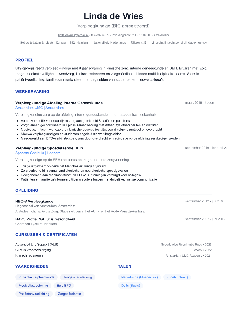 CV voorbeeld verpleegkundige — ATS-vriendelijk WerkCV template