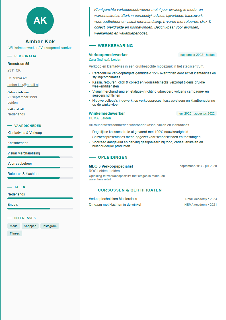 CV voorbeeld winkelmedewerker — professioneel WerkCV template